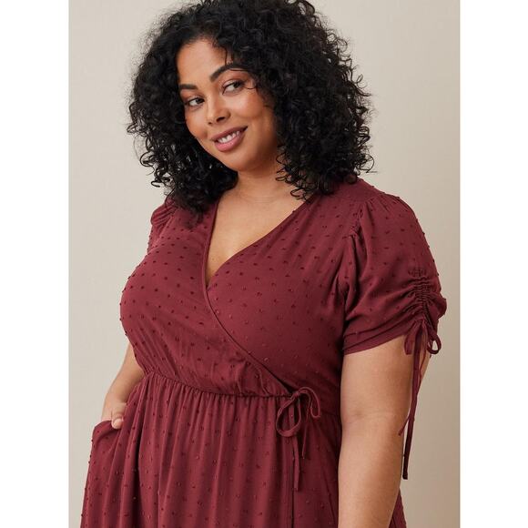 Torrid Midi Swiss Linen Surplice Dress Faux Wrap Burgundy 0 / Large / 12 - Picture 2 of 10